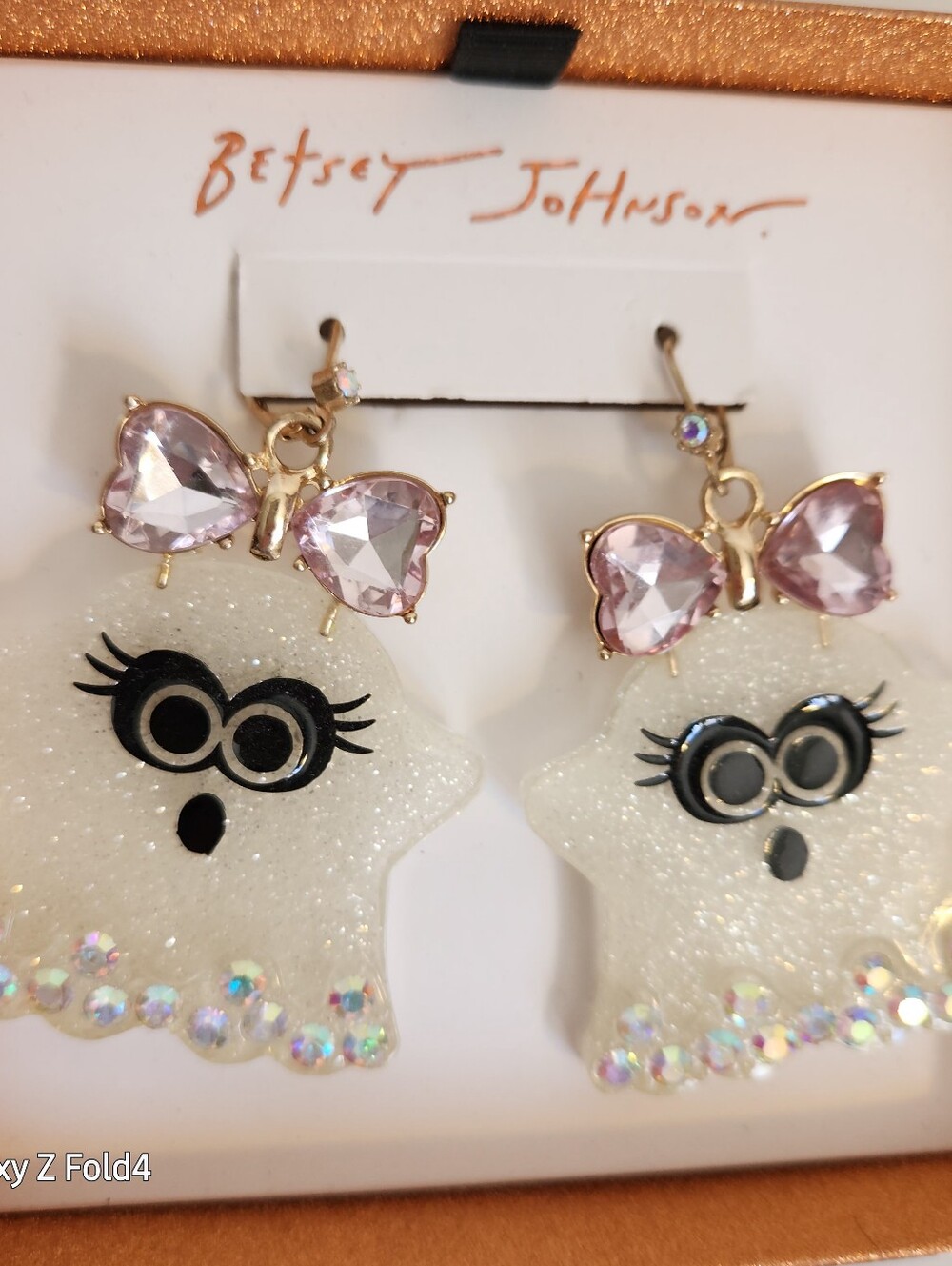 Betsey Johnson Pink Crystal Bow Ghost Drop Earrings
